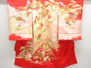 アンティーク　片輪車に草花模様着物(内袖・長襦袢付き)